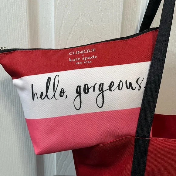 Clinique x kate spade Red, White & Pink Striped Tote with Matching Pouch - Picture 2 of 7